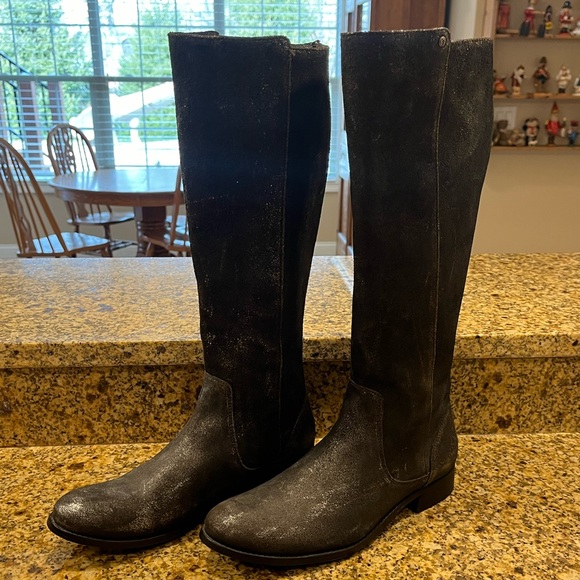 Frye Shoes - Frye Melissa back zip boot tall black suede shimmer primitive riding boots 11